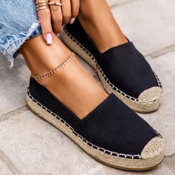 J. Crew Shoes - J. Crew SU22 Canvas Espadrille Flat Shoes Sz 10 Black Jute Soles Classic Slip On